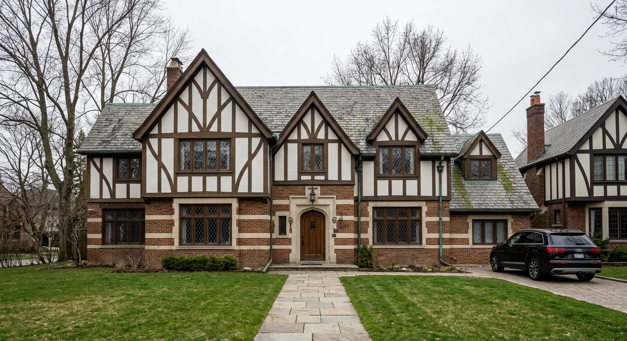 A 1920s Rosedale Tudor-revival estate captured under flat Great-Lakes overcast, recovered into a Realtor.ca / Sotheby's Canada premium hero. — original listing photo before editing