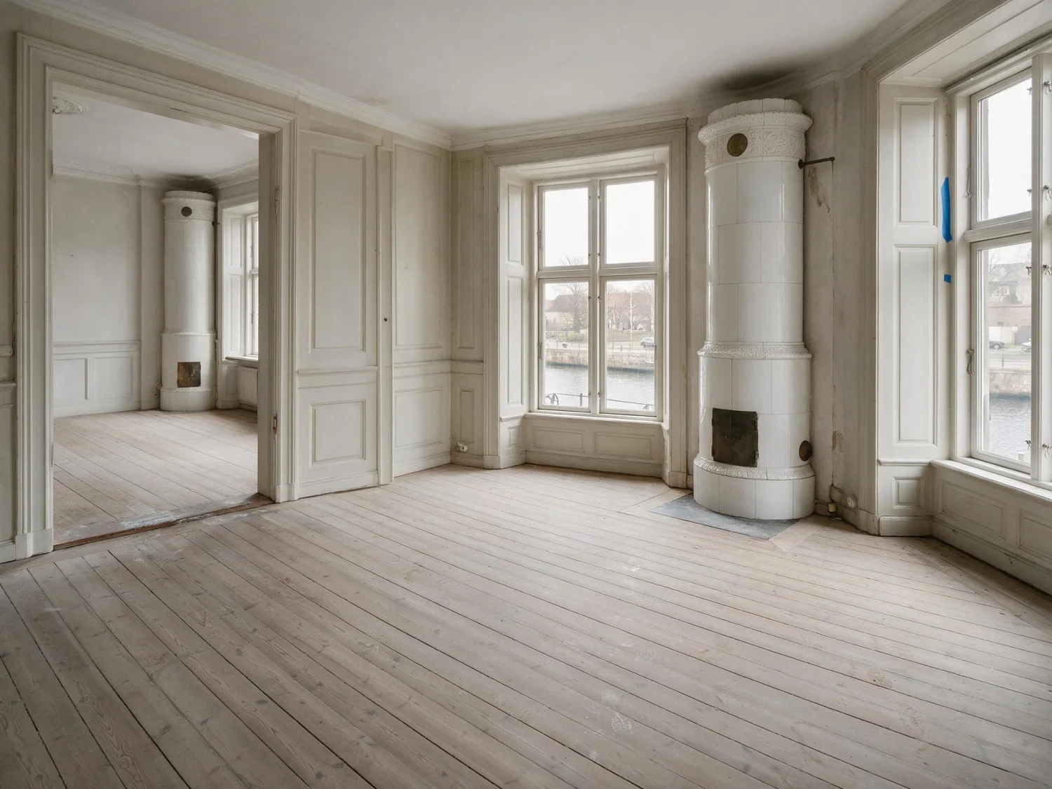 Before virtual staging: empty Copenhagen salon with two white tile stoves, pale pine floorboards and canal windows