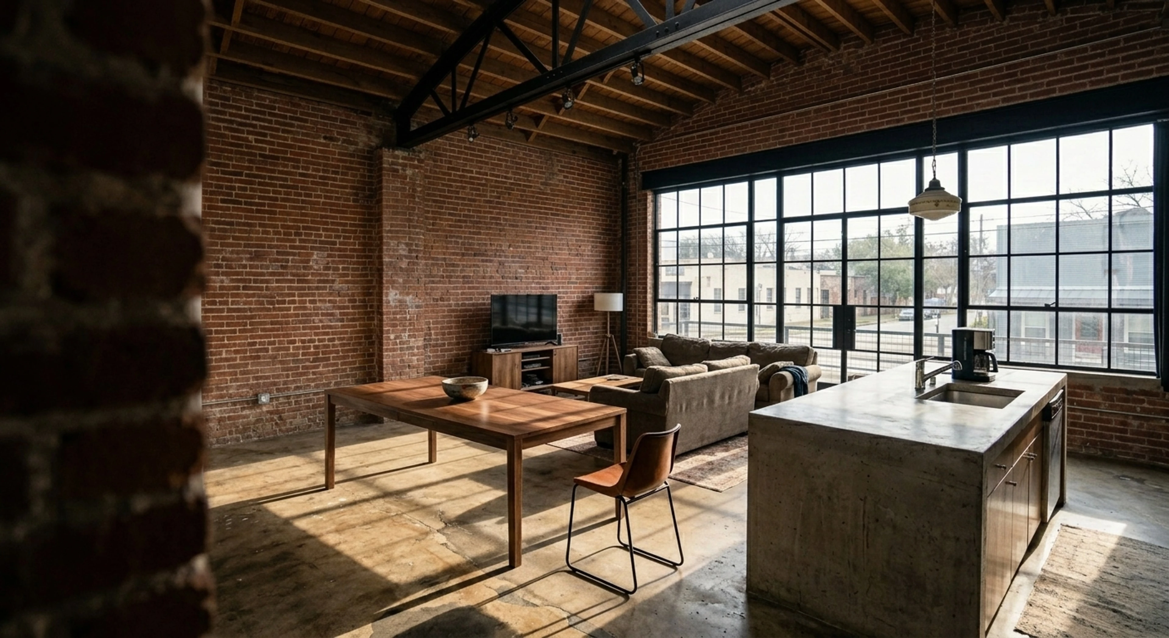 A soaring East Austin brick-and-steel loft, its raw industrial beauty obscured by tenant clutter and restored to gallery-like calm. — enhanced by Plotpane