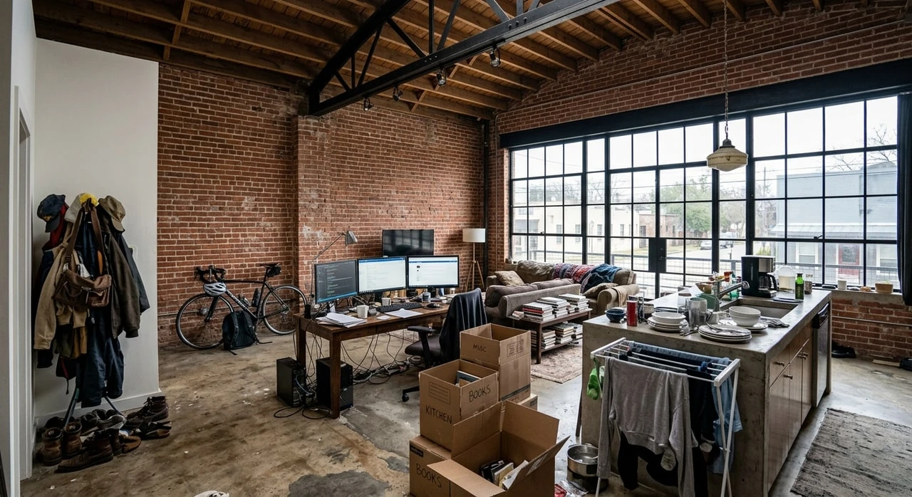 A soaring East Austin brick-and-steel loft, its raw industrial beauty obscured by tenant clutter and restored to gallery-like calm. — original listing photo before editing