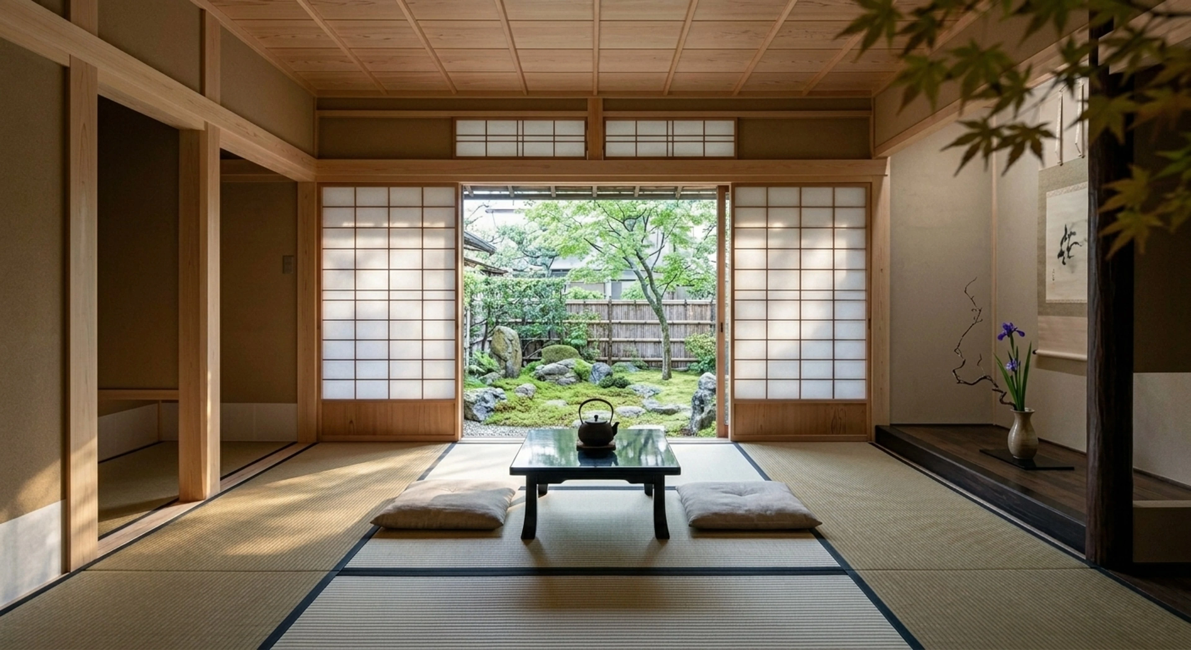 A serene Kyoto-inspired zen house with tatami and shoji, an empty contemplative shell transformed into a minimalist tea-ceremony retreat. — enhanced by Plotpane