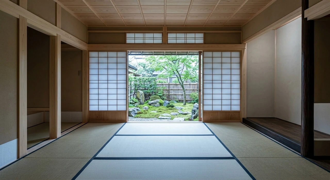 A serene Kyoto-inspired zen house with tatami and shoji, an empty contemplative shell transformed into a minimalist tea-ceremony retreat. — original listing photo before editing